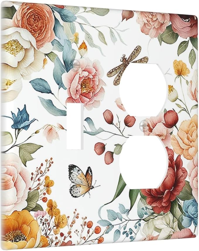 Rustic Style Colorful Peony Butterfly Dragonfly Wallplates 1 Toggle 1 Duplex Electrical Gfci Faceplate Decorative Light Switch Covers Switch Plate for Bedroom Living Room Decor