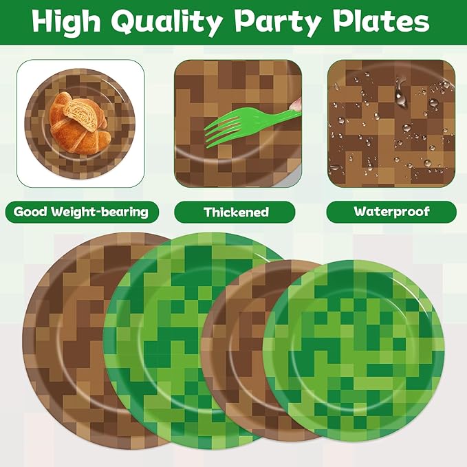 96 Pcs Pixel Party Paper Plates and Napkins Pixel Party Decorations Video Game Disposable Dessert Plates Mining Gaming Tableware Set Serves 24 Guests Boys Girls Kids Teenagers Birthday Supplies