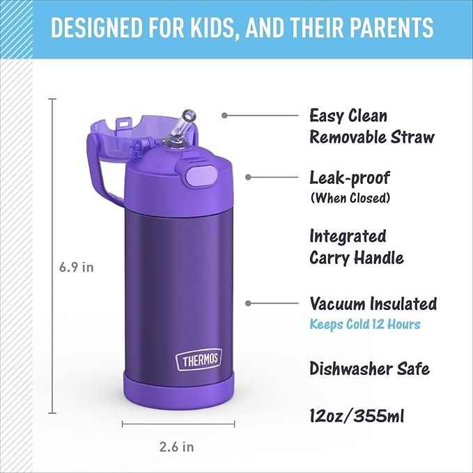 THERMOS FUNTAINER Water Bottle with Straw - 12 Ounce - Kids Stainless Steel Vacuum Insulated Water Bottle with Lid,Violet,(Pack of 6)