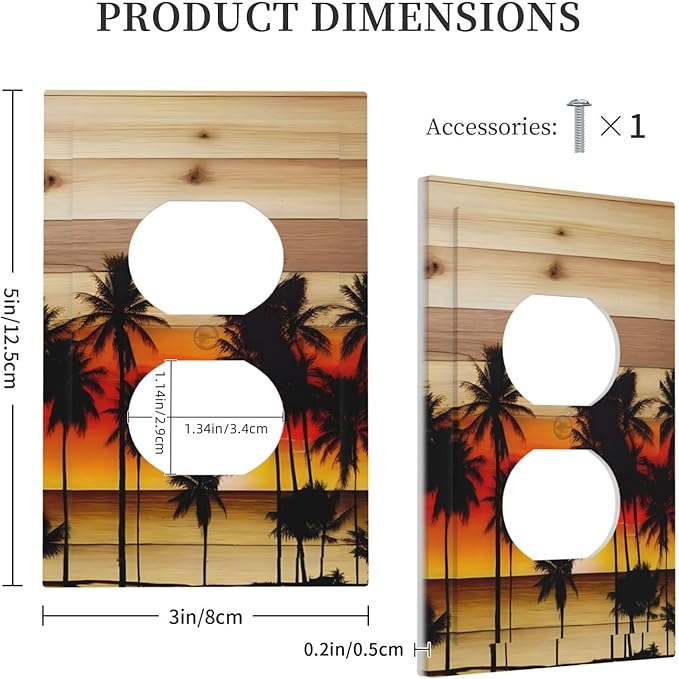 Sunset Beach Coconut Palm Tree Wooden Background Outlet Covers 1 Gang Duplex Light Switch Cover Decorative Switch Plates Electrical Receptacle Faceplate Wall Plate for Bedroom Living Room Decor
