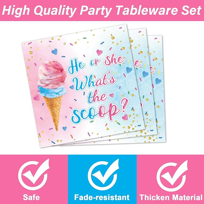 96PCS Ice Cream Gender Reveal Party Paper Tableware What's the Scoop Gender Reveal Plates Party Supplies for Summer Ice Cream Theme He or She Boy or Girl Baby Shower Dinnerware Plates Napkins Forks