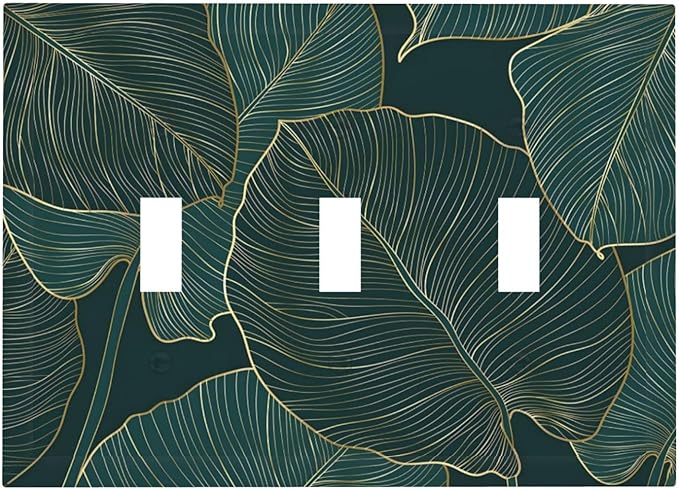 Gold Tropical Green Botanical Palm Leaves Decorative Switch Plates 3 Gang Wall Plate Triple Toggle Light Switch Cover Faceplate Electrical Wall Panels for Bedroom Living Room Decor