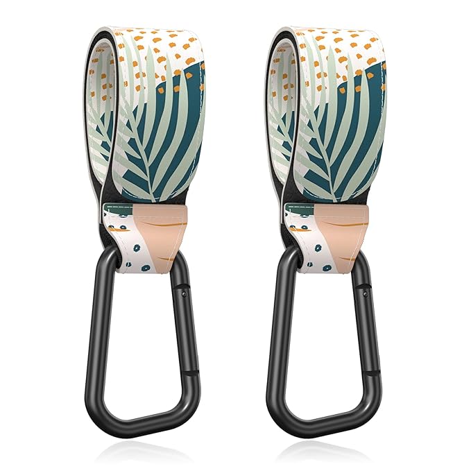 Baby Stroller Hooks for Hanging Bags, Universal Stroller Clips Accessories, Mommy Hook for Diaper Bag, Shopping Cart, Purse, Backpack - 2 Pack, Abstract Leaf