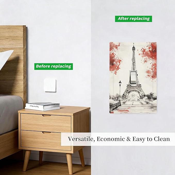 Parisian Watercolor Eiffel Tower 1-Gang Toggle Light Switch Plate, Paris Cherry Blossoms Romantic Vintage French Watercolor Decorative Wall Plate for Bedroom Decor