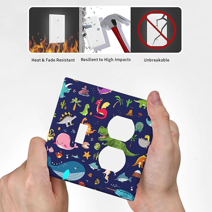 Cartoon Funny Cool Fun Navy Blue Dinosaur 2-Gang 1-Toggle 1-Duplex Device Combination Wallplate Ocean Whale Seahorse Animal One Toggle Switch and One Duplex Receptacle Outlet Combo Light Switch Cover