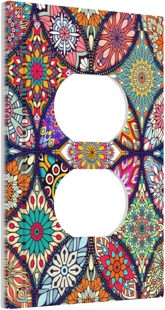 Bohemian Duplex Decorative Outlet Covers Electrical Receptacle 1 Gang Outlet Plate colorful Vintage Floral Mandala Flower Lightswitch Faceplate 5" X 3"