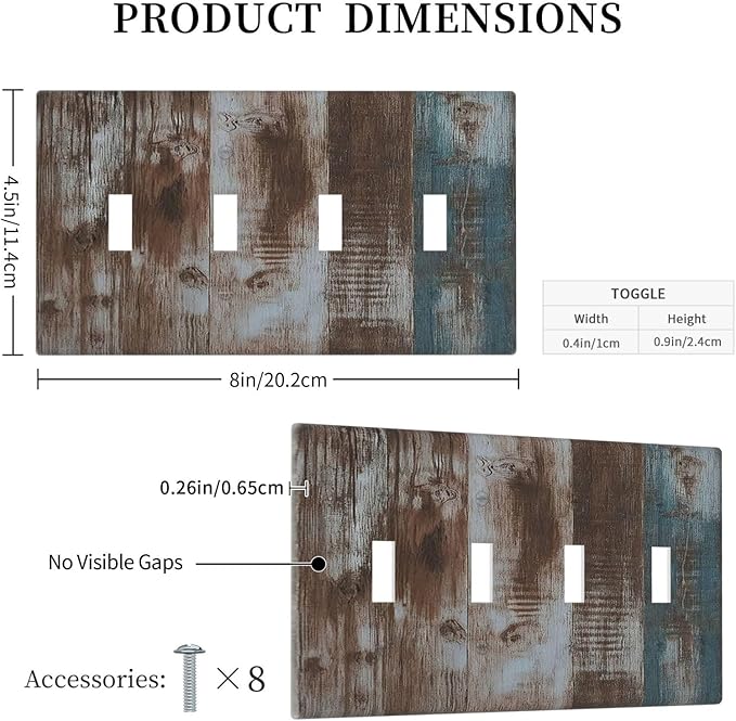 Vintage Blue Brown Wood Grain Light Switch Covers Quad Toggle 4 Gang Wall Plate Decorative Switch Plates Electrical Faceplate for Bedroom Farmhouse Decor