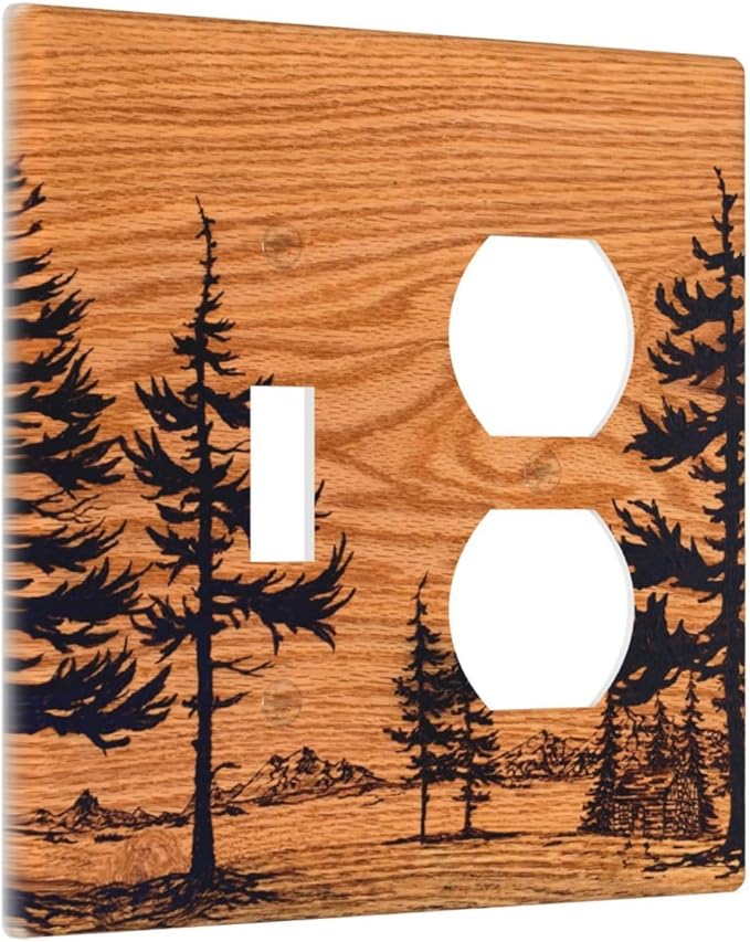 Pine Forest Natural Scenery Silhouette Wood Grain Wallplates 1 Toggle 1 Duplex Switch Plate Electrical GFCI Faceplate Decorative Light Switch Covers for Farmhouse Home Decor