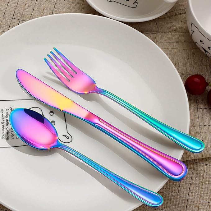 LIANYU 15-Piece Rainbow Kids Silverware Set, Stainless Steel Toddler Utensils Flatware Set, Child Cutlery Tableware Set for 5, Include knife Fork Spoon, Mirror Finished, Dishwasher Safe
