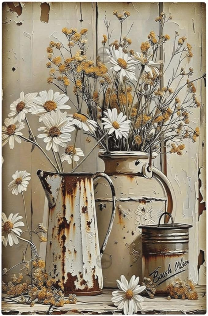 Rustic Flowers Daisy Floral White Wooden Planks Light Switch Cover Plate 1 Gang No Device Blank Electrical Wall Plates Faceplate Decorative Switch Plate for Farmhouse Home Decor