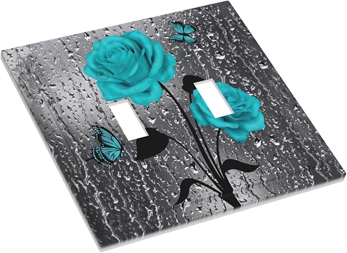 Aqua Turquoise Teal Blue Gray Rose Flower Floral Decorative Double Toggle Wall Plate Outlet Light Switch Cover 2-Gang Valentine's Day Romantic Pretty Butterfly Woman Electrical Receptacle Jumbo Size