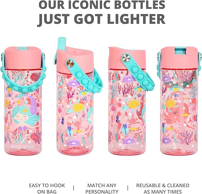 Elemental Leak Proof Water Bottles for Kids - Splash Kids Water Bottle for School with Pop-it Handle - Tritan Plastic Water Bottle with Straw - Mermaid & Robin's Egg - 18oz (2 Pack)