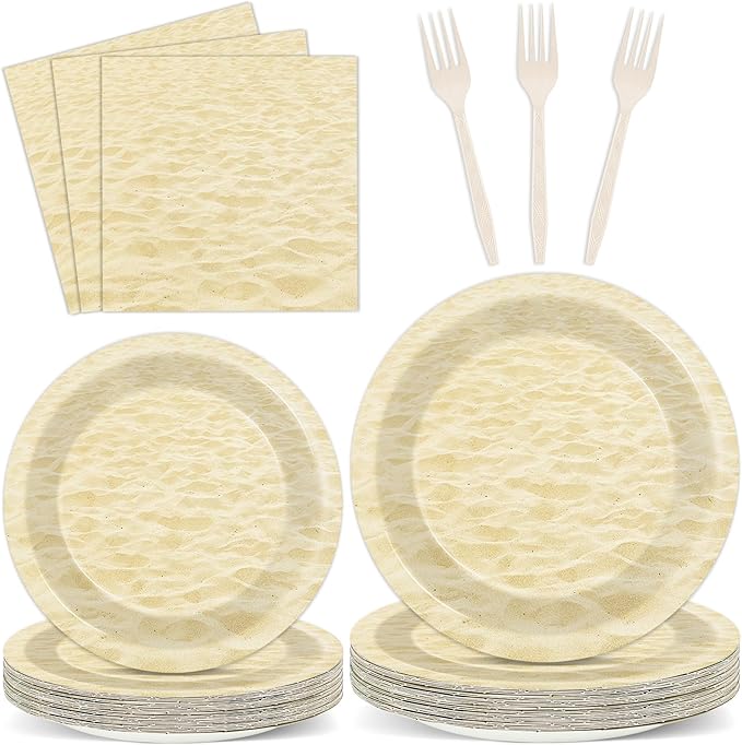 96pcs Summer Beach Party Plates and Napkins for Beach Party Supplies Beach Sand Themed Paper Dessert Plates Summer Tableware for Kids 24 Guests Hawaiian Birthday Party Decorations