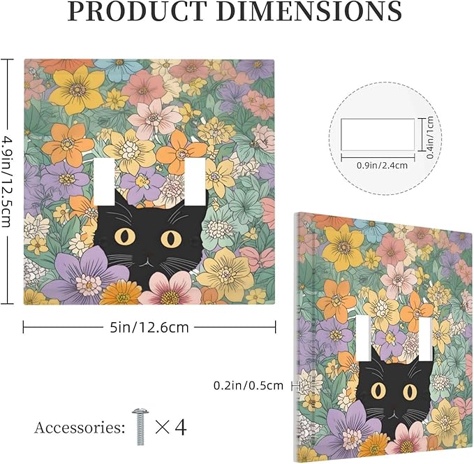 Decorative Switch Plates Funny Cute Cartoon Cat Floral Colorful Flower 2 Gang Double Toggle Outlet Light Switch Cover Wall Plate Electrical Faceplate For Kids Room Nursery Decor