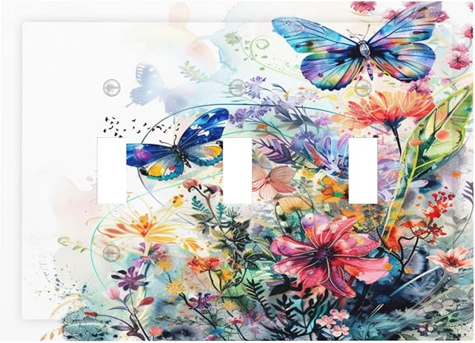 Light Switch Cover Plate Watercolor Colorful Floral Butterflies Wildflowers 3 Gang Triple Toggle Decorative Switch Plates Wall Plates Electrical Switchplate Faceplate for Bathroom Bedroom