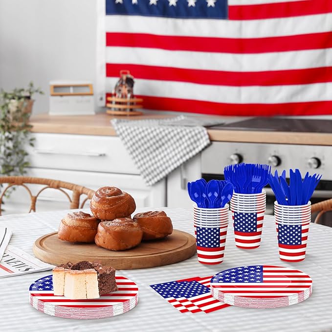 175 Pcs USA Flag Tableware Set - Serves 25, Patriotic American Flag Disposable Plates, Cups, Napkins, Forks, Spoons, Knives for 4th of July, Memorial Day, Veterans Day, Independence Day Party Supplies