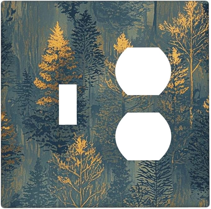 Decorative Switch Cover Plate with Golden Trees & Abstract Gradient Forest Landscape Design Toggle Duplex Wall Plate 2 Gang Light Switch Cover Outlet Covers for Blue Retro Home Decor