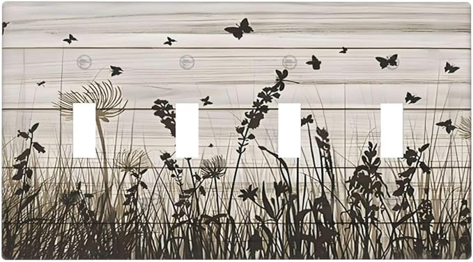 Wildflower Butterfly Grass Dandelion Vintage Wooden Print Light Switch Covers Quad Toggle Electrical Faceplate 4 Gang Wall Plate Decorative Switch Plates Cover for Farmhouse Home Decor