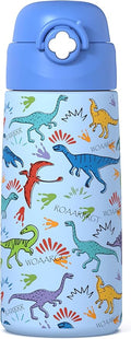 Boys Insulated Water Bottle with Covered Pop-Up Straw,16 oz Kids Cups with Stainless Steel Leak Proof for School（Blue-Dinosaur）