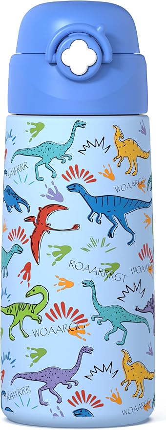 Boys Insulated Water Bottle with Covered Pop-Up Straw,16 oz Kids Cups with Stainless Steel Leak Proof for School（Blue-Dinosaur）