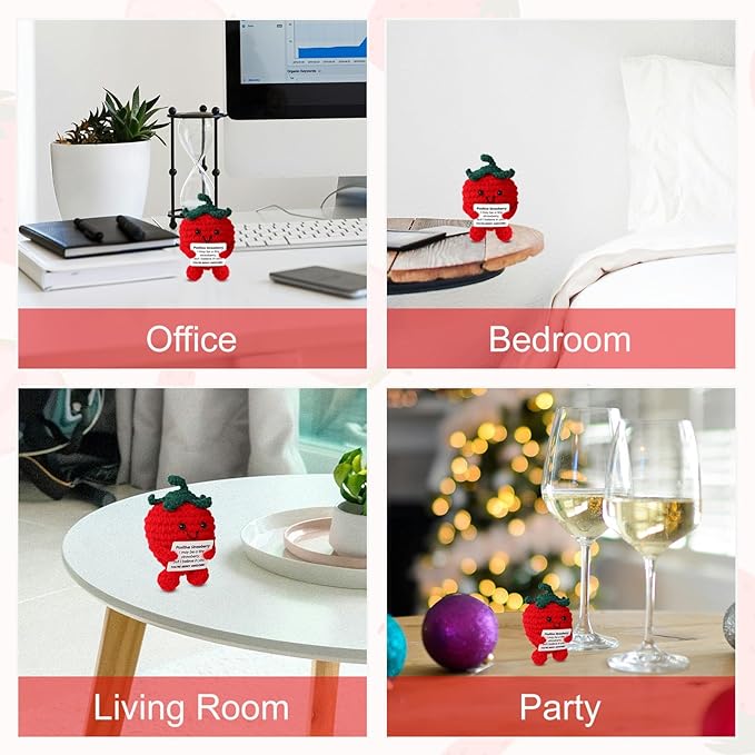 TOYMIS Cute Positive Strawberry, Crochet Strawberry Emotional Doll Support Fruit Knitted for Empowering Gift Home Office Decoration (Red)