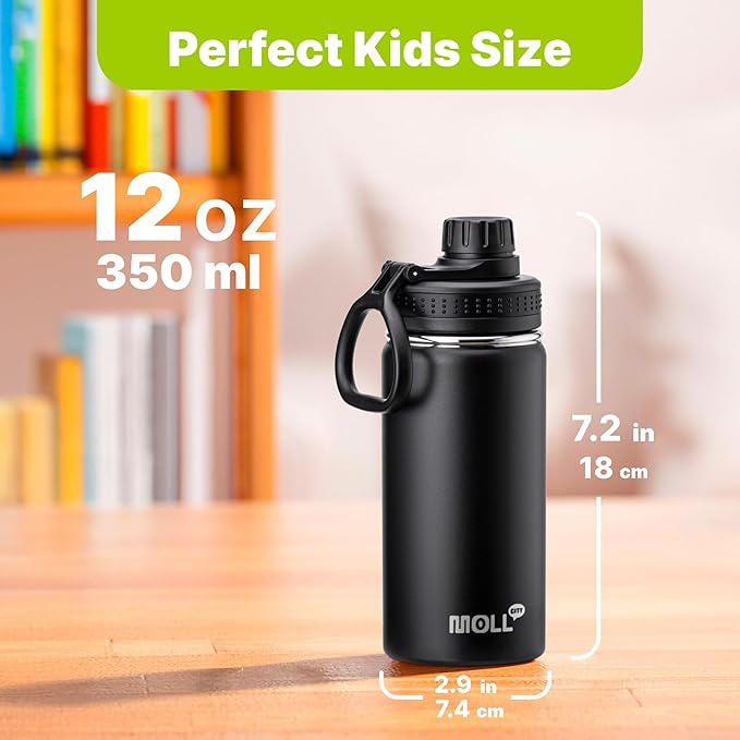 Kids Stainless Steel Water Bottle with Spout Lid-12 oz Vacuum Insulated Wide Mouth Sports Water Bottle for School, BPA Free (Black)