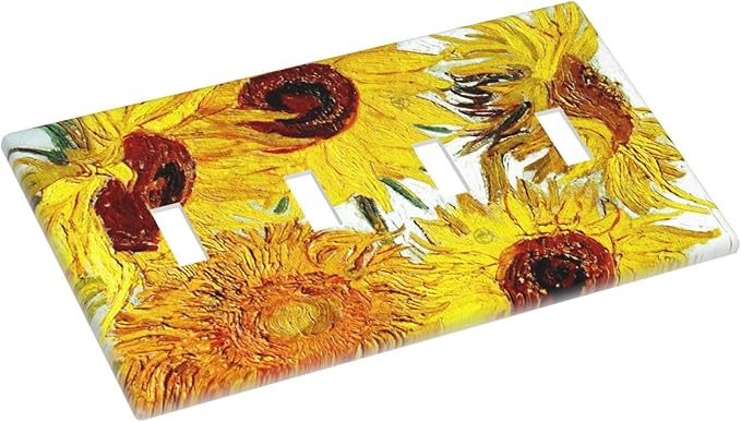 Rustic Sunflower Oil Painting Vintage Flowers Light Switch Covers Quad Toggle Electrical Faceplate 4 Gang Wall Plate Decorative Switch Plates for Bed Room Living Room Decor