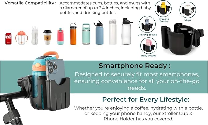 Universal, Stroller, Sturdy, Cup and Cell Phone Holder, All Black, 2-in-1, for Carriages, Walker, Wheelchairs, Rollator, Scooters & Bike Phone & Cupholder Organizer - Easy to Install