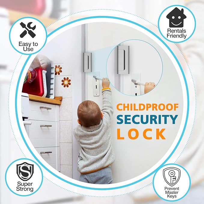 Door Lock for Kids Safety - Home Security Door Reinforcement Lock for Front Door Bedrooms Withstand 800 lbs Top Metal Flip Child Proof Door Lock Latch Night Door Guardian for Inward Swinging Doors
