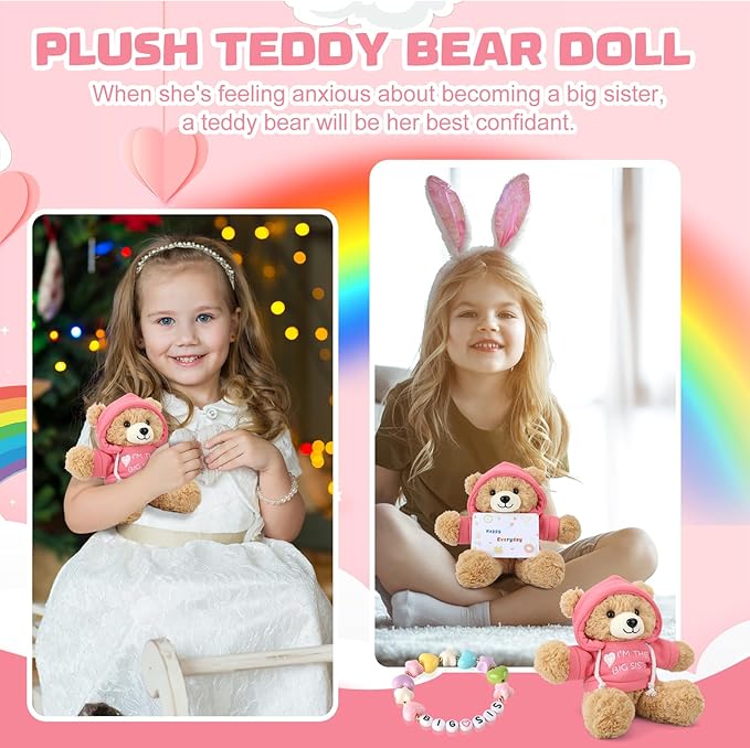 Osacoe “I’m The Big Sister” Teddy Bear Stuffed Animal with Gift Box Removable Pink Hoodie Bracelet, Big Sister Gifts for Girls Who Promoted to Big Sister with Beautiful Greeting Card