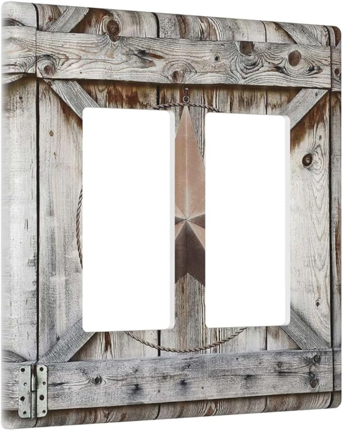 Rustic Western Texas Star Barn Door 2 Gang Rocker Decora Light Switch Cover Decorative Outlet Covers Wall Plate Electrical Faceplate Switchcovers GFCI for Farmhouse Bathroom Home Living Room Decor