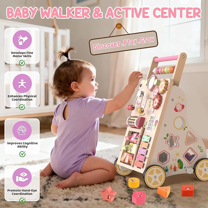 Wooden Baby Walker, Push Walker with Wheels, Montessori Activity Center Walker for Toddlers 12+ Months, Adjustable Height & Speed Learning Walking Toy for 1 Year Old Boys and Girls (Pink)