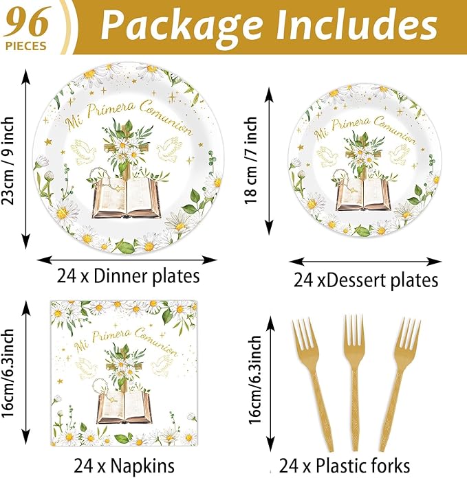 96Pcs Mi Primera Comunion Decorations White and Gold Baptism Plates and Napkins Comunion Party Supplies God Bless Plate First Communion Tableware Set for Mi Bautizo 24 Guest Party Decoration