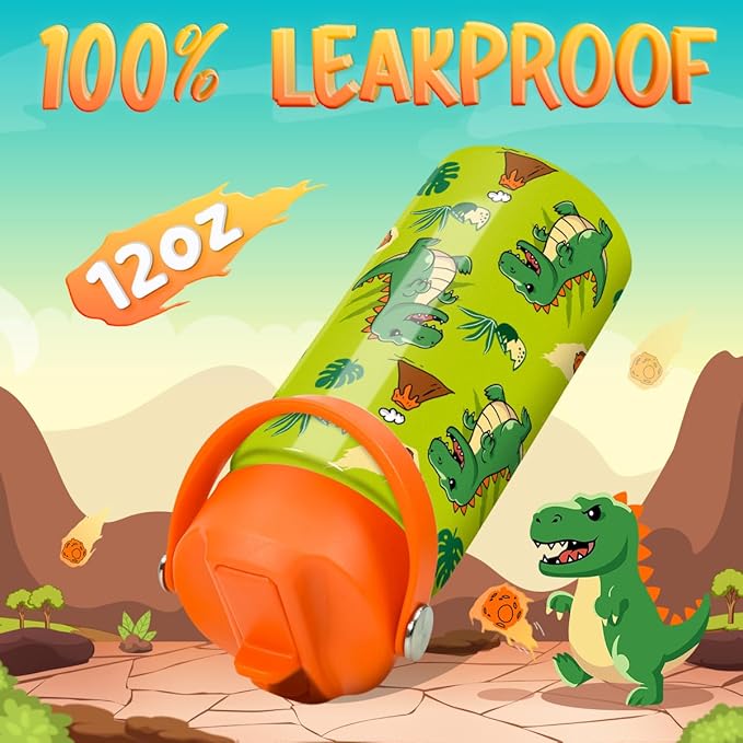 Dinosaur Water Bottle - Water Bottle with Straw Lid for Kids - 12 Oz Insulated Stainless Steel T-Rex Bottles for Kid Boys - Travel Cup for School Sports
