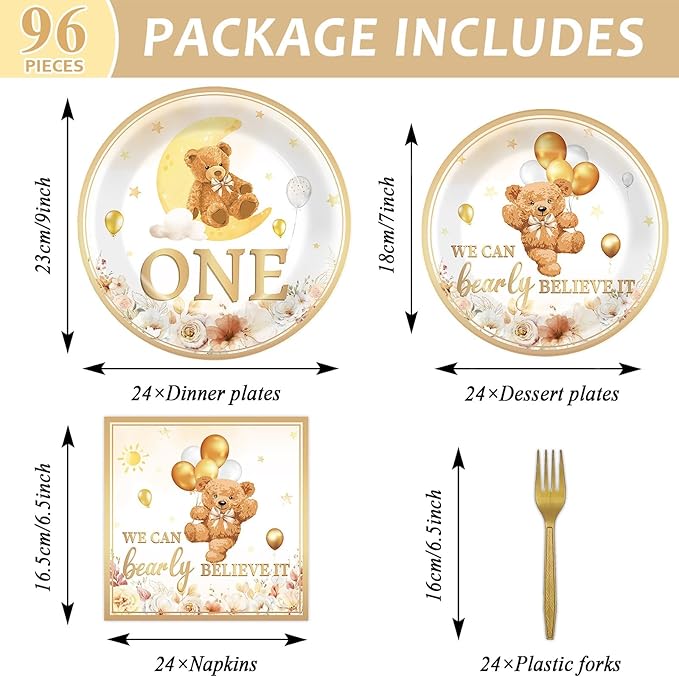 96Pcs Beary First Birthday Decorations Plates Sets, 1st Teddy Bear Paper Plates Napkins for Boy ONE Bear Tableware for 1st Birthday Party Supplies (24 Guests)