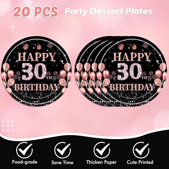 62Pcs 30th Birthday Decorations for Girls Her, Rose Gold Birthday Party Supplies Include 20 7''Plates 20 9'' Plates 20 Napkins and 2 Tablecloth, Rose Gold Princess Party Tableware for 20 Guests