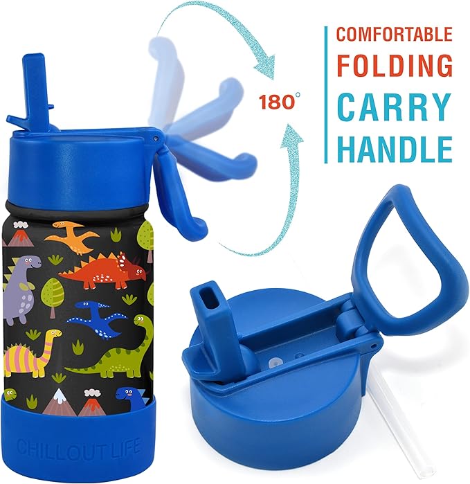 CHILLOUT LIFE 12 oz Kids Insulated Water Bottle for School with Straw Lid Leakproof and Cute Waterproof Stickers, Personalized Stainless Steel Thermos Flask Metal Water Bottle for Girls & Boys