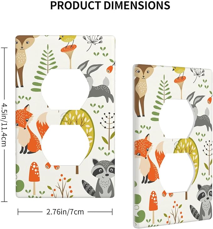 Woodland Forest Animals 1-Gang Duplex Wall Plate, Mushroom Berries Tree Outlet Cover for Kids Room, Nursery, Playroom & Cabin
