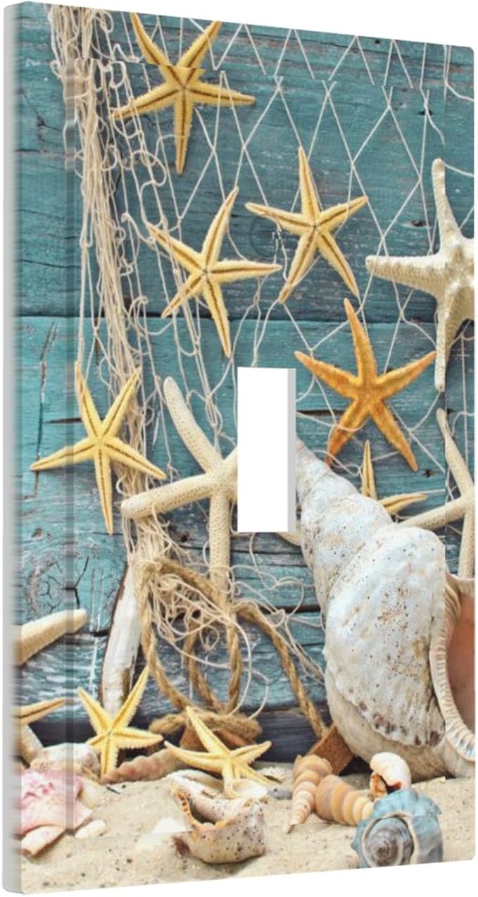 Rustic Coastal Seashell 1-Gang Toggle Light Switch Plate, Fisherman's Catch Beach Scene Decorative Wall Plate for Bathroom Decor