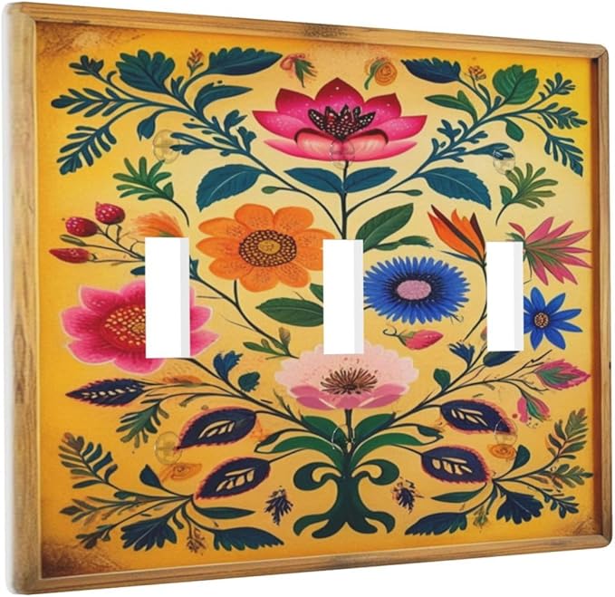 Decorative Art Light Switch Covers ColorFul Blooms 3 Gang Triple Toggle Wall Plate Decorative Switch plate Electrical Faceplate for Home Decor