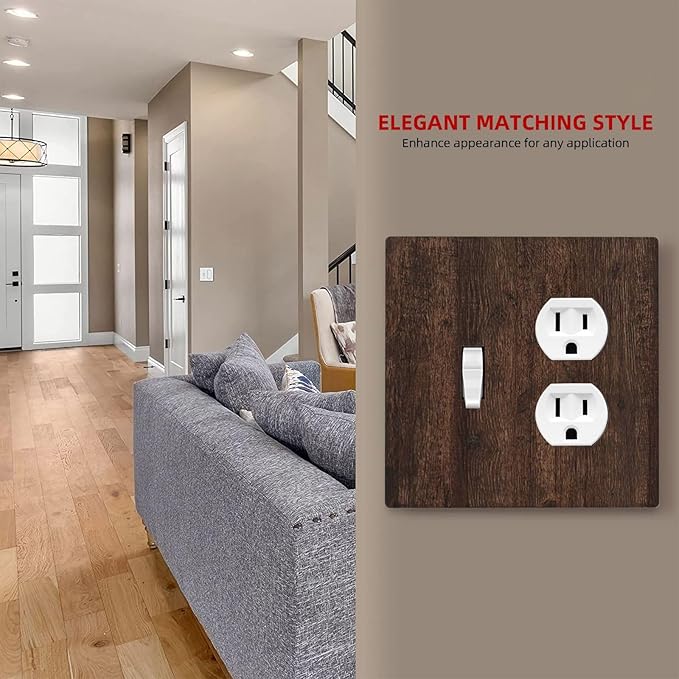 Decorative Switch Cover Plate with Rustic Dark Wood Grain & Vintage Style Design Toggle Duplex Wall Plate 2 Gang Light Switch Cover Outlet Covers for Kitchen/Living Room