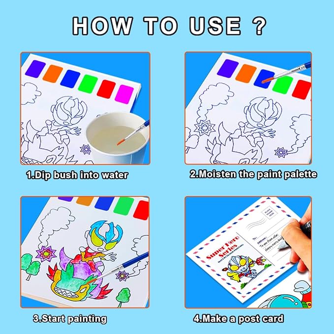JUNQIU Water Color Paint Sets for Kids, Paint With Water Books for Kids Ages 4-8, Pocket Watercolor Painting Book, Arts and Crafts Kit for Girls Boys Coloring with Brush
