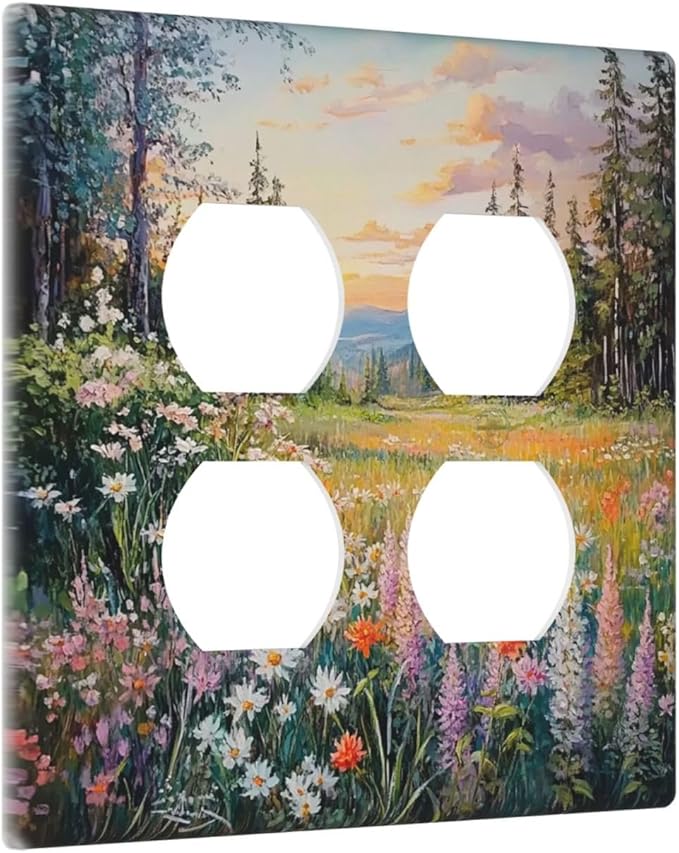 Outlet Covers Floral Landscape Rustic Nature Wildflower 2 Gang Double Duplex Decorative Light Switch Covers Electrical Wallplates Socket Faceplate For Bed Room Living Room Decor