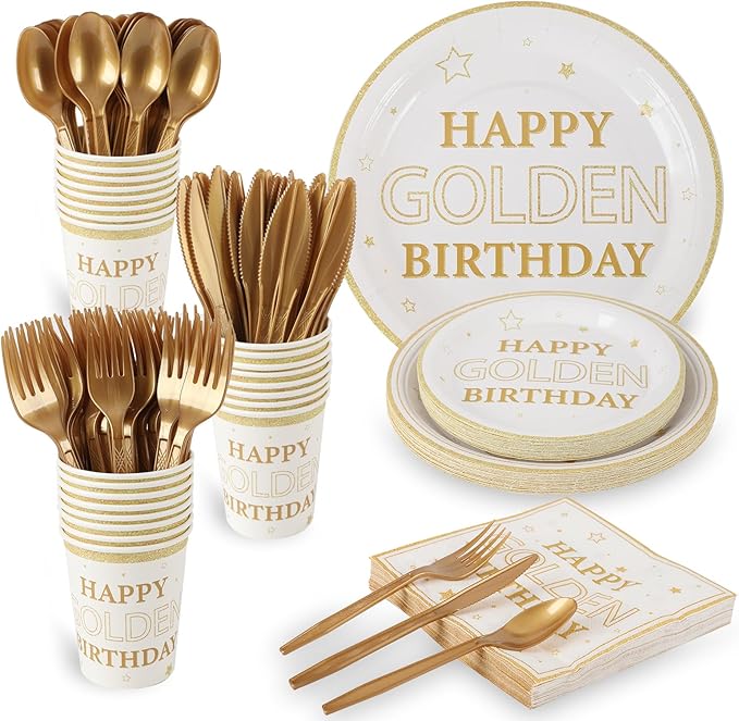 210pcs Golden Birthday Party Supplies,Gold Birthday Paper Plates Napkins Gold Glitter Dessert Party Tableware Set for Women Men Anniversary Wedding Party Decoration,Serve 30