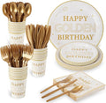 210pcs Golden Birthday Party Supplies,Gold Birthday Paper Plates Napkins Gold Glitter Dessert Party Tableware Set for Women Men Anniversary Wedding Party Decoration,Serve 30