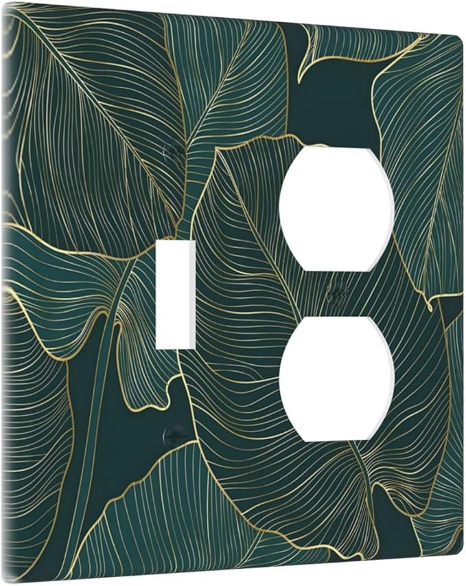 Gold Tropical Green Botanical Palm Leaves Wallplates 1 Toggle 1 Duplex Switch Plate Electrical GFCI Faceplate Decorative Light Switch Covers for Bedroom Living Room Decor