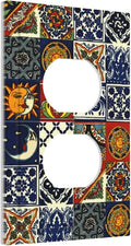Kitchen Blue/Red Boho Mexican Talavera Tile 1 Gang Duplex Wall Plate Receptacle Outlet Covers Bohemian Moroccan Mosaic Tiles Decorative Electrical Dual Device Light Switch Plug Socket Faceplate Cover