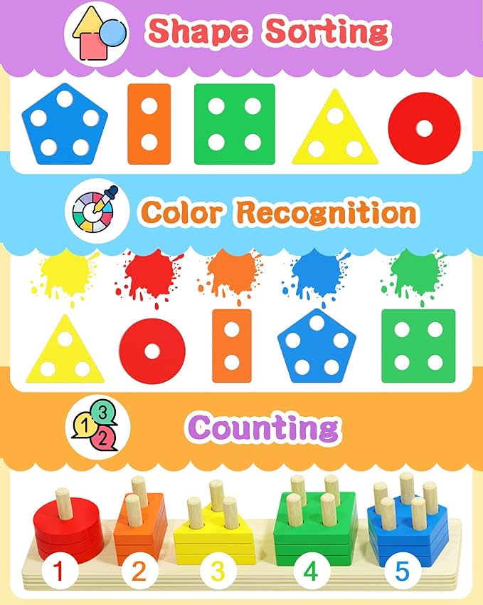 Tonberless Montessori Toys for 1 2 3 Year Old Boy Girl, Toys for Ages 2-4 Toddlers Kids Baby, 1 2 Year Old Boy Girl Birthday Gifts, Wooden Learning Puzzles Shape Sorter Toys for Toddlers 1-3