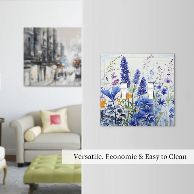 Light Switch Cover Plate Lavender Watercolor Wildflowers Colorful floral 2 Gang Double Toggle Decorative Switch Plates Wall Plates Electrical Faceplate for Bathroom Bedroom Decor