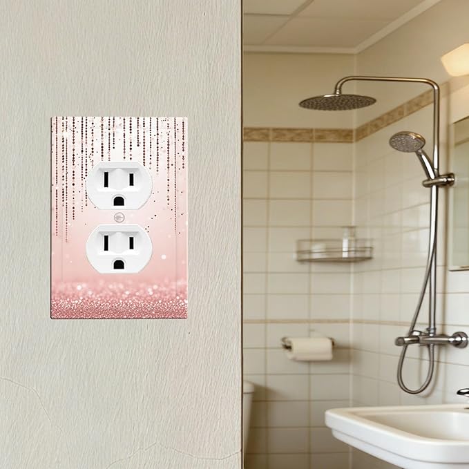 Rose Gold Pink 1-Gang Duplex Wall Plate, Draping Bead Printed Pattern, Modern Glam Neutral Decor for Bedroom Bathroom